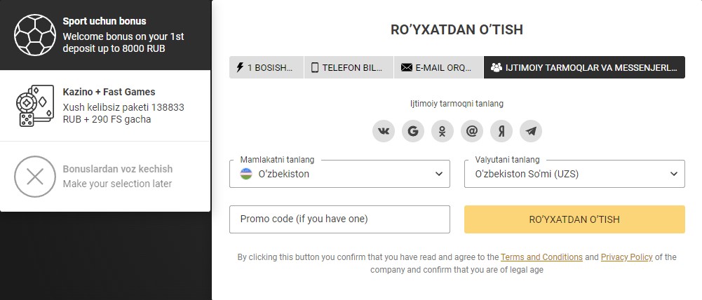Melbet ro’yxatdan o’tish