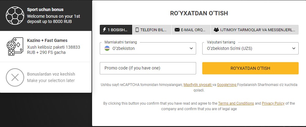 Melbet ro’yxatdan o’tish